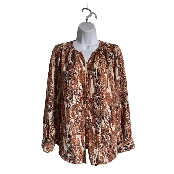 Nine West Womens Petite Snake Print Blouse Brown & Cream Long Sleeve Size PS - Picture 1 of 10